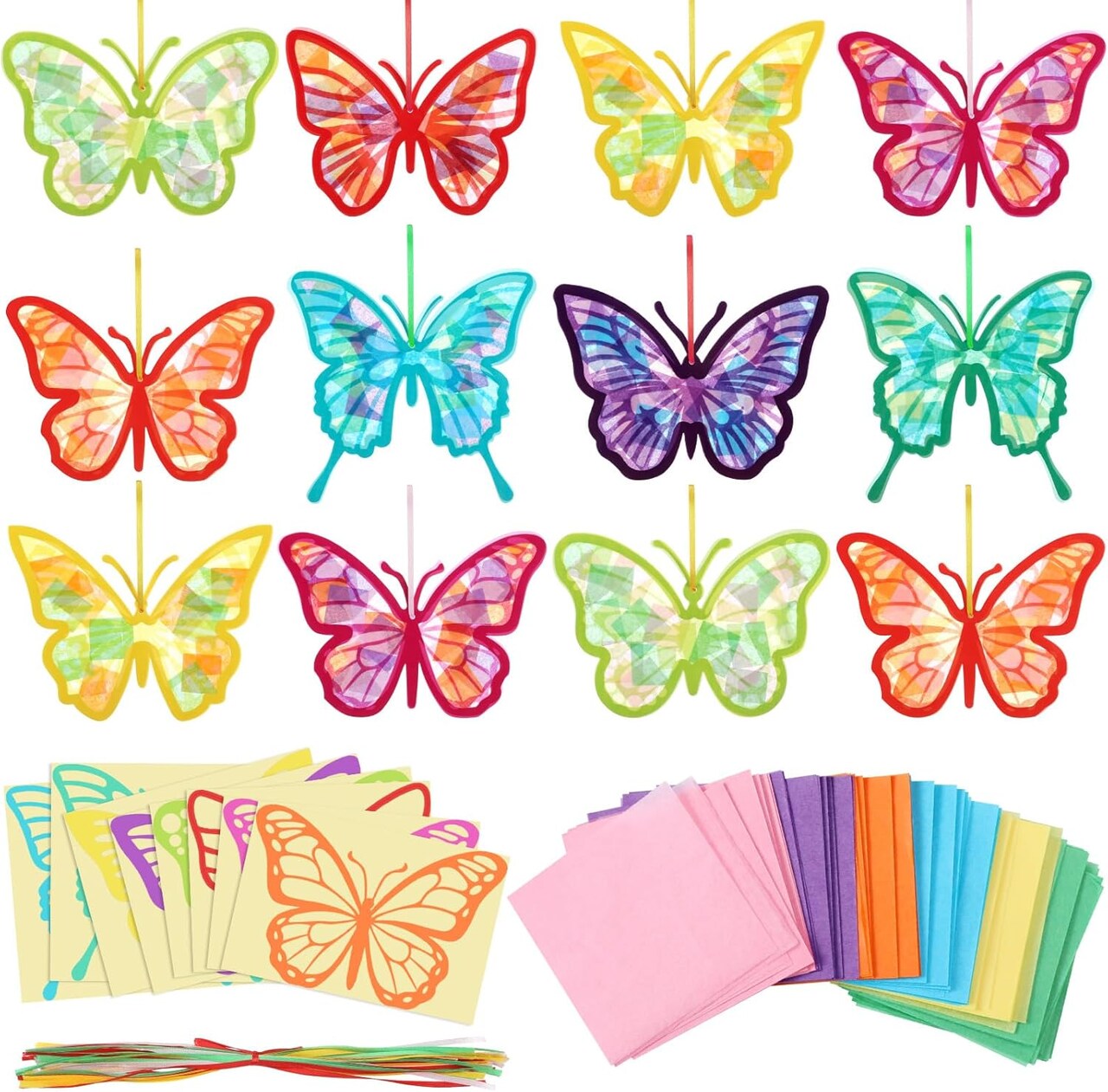 32 Pcs Butterfly Suncatchers Paper Craft Set DIY Butterfly Shaped Stained Glass Effect Tissue Paper Kits Bulk for Window Classroom Activities Art Summer Party Decorations Favors Gift